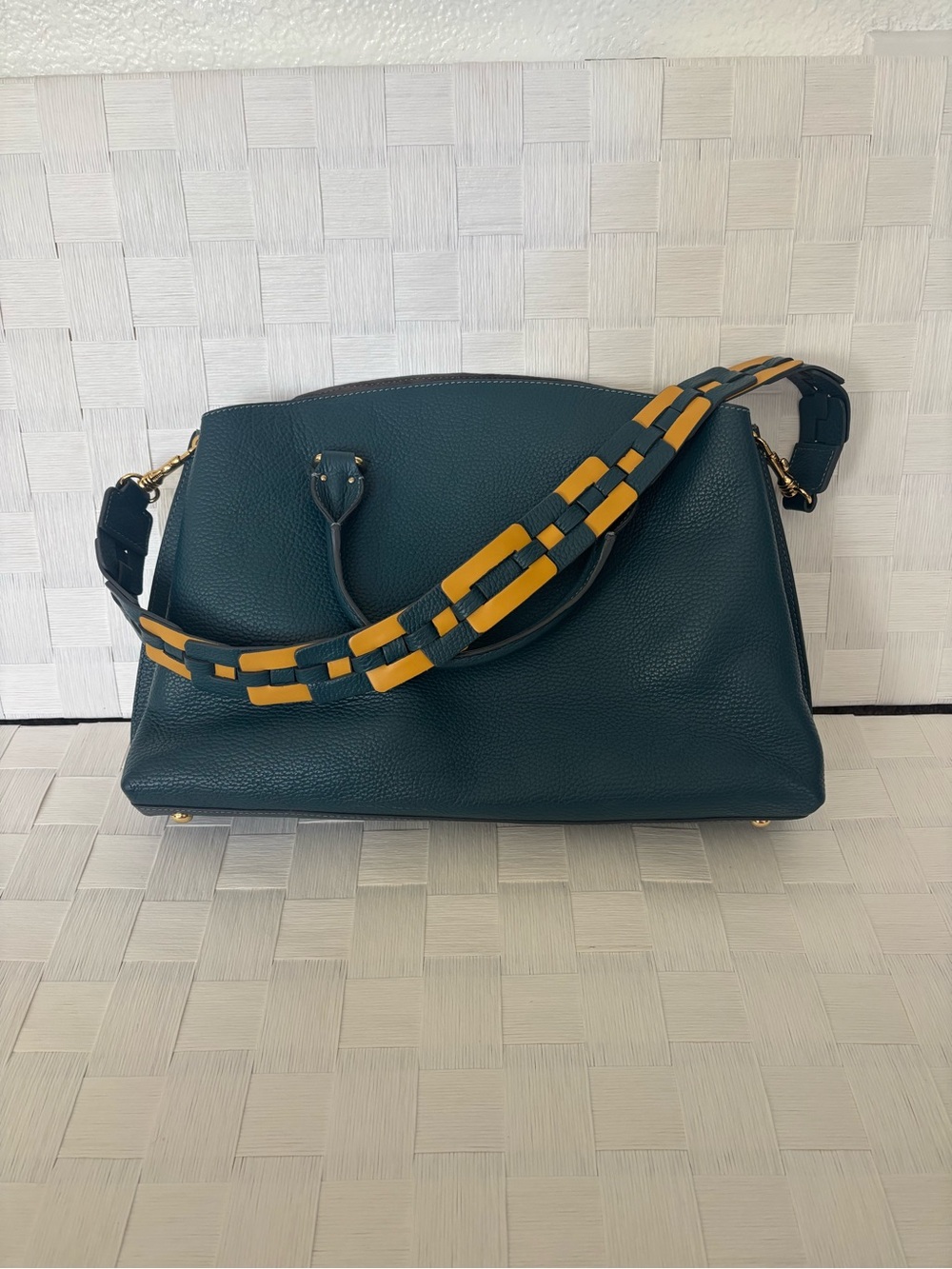 Iacucci Structured Shoulder Bag in Teal with Yellow Accent Strap